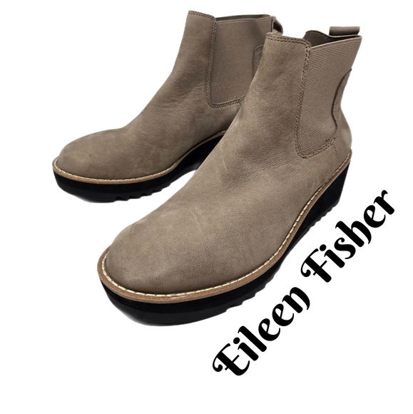 Eileen Fisher Womens Wedge Booties Sz 6M Beige Nubuck Pull On Stretch Ankle - Picture 1 of 10